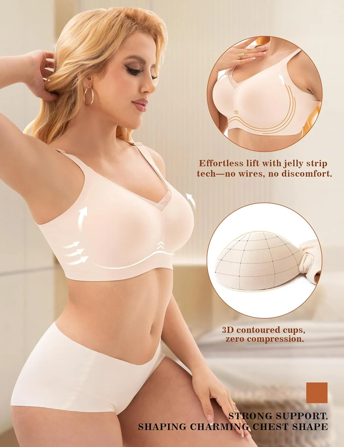 PoseFree Womens Wireless Bras Supportive Tshirt Bra No Underwire Seamless Push Up V Mesh Comfortable Bralette Everyday Bras