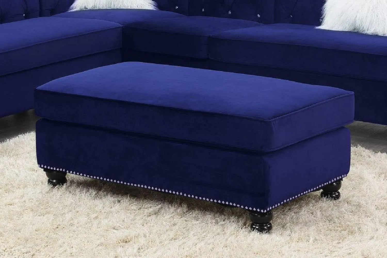Poundex Velvet Upholstered Cocktail Ottoman in Indigo Finish