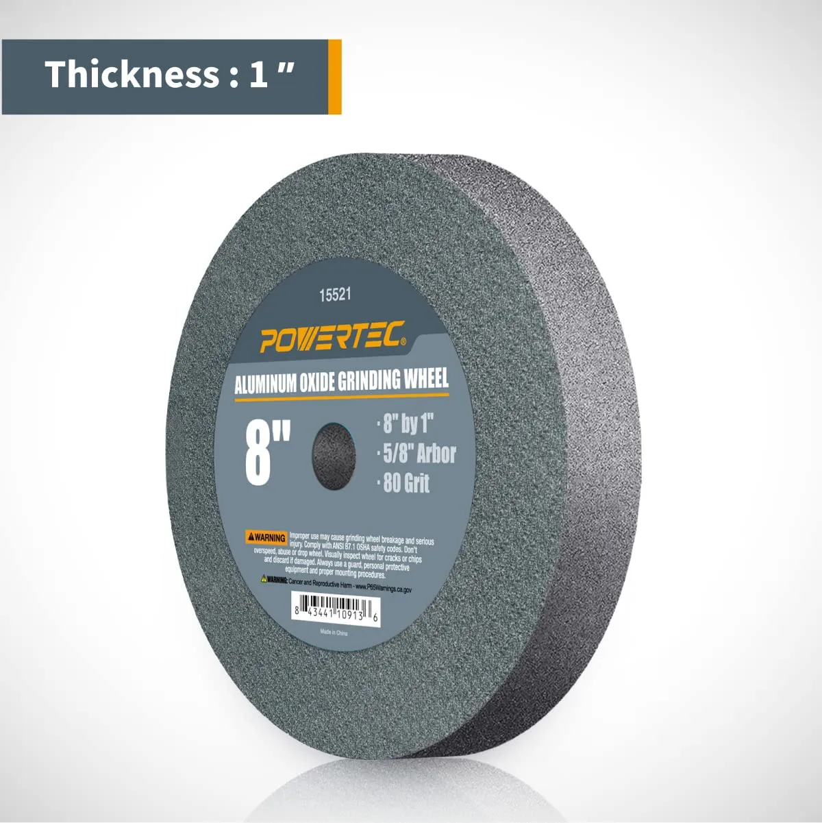 POWERTEC Bench Grinder Wheel 8 Inch 80 Grit, Aluminum Oxide Grinding Wheel for Bench Pedestal Grinder, 1" Thick 5/8" Arbor, Sharpening & Shaping Drill Bits, Blade, and Chisel 1PK (15521)