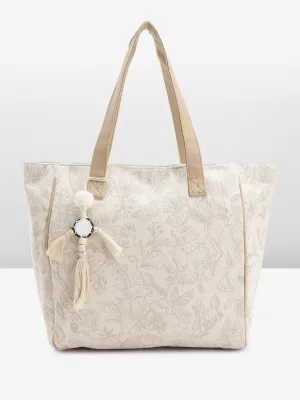 PRIMROSE Beige Tote Bag with Tassel Accent