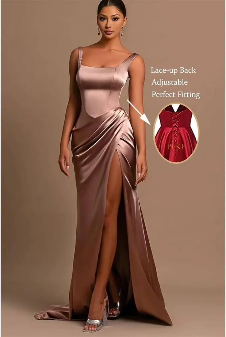 Prom Dress Plus Size Soft Satin Floor Length Elegant Gowns for Women Formal with Slit