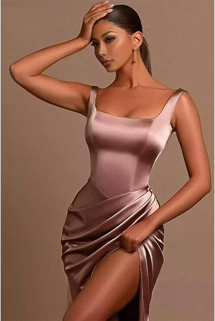 Prom Dress Plus Size Soft Satin Floor Length Elegant Gowns for Women Formal with Slit