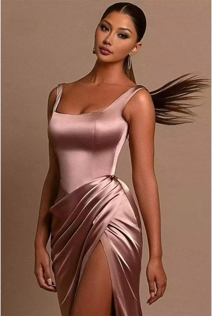 Prom Dress Plus Size Soft Satin Floor Length Elegant Gowns for Women Formal with Slit