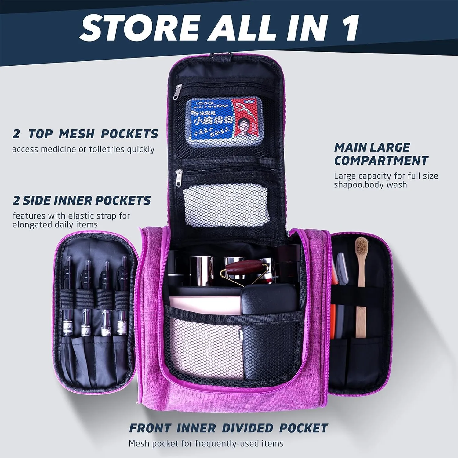 PSBP BEAUTY Men’s Hanging Travel Toiletry Bag, Premium Portable Small Organizer Bag for Traveling Men & Women, for Organizing Toiletries, Travel Essentials, Makeup Products, Bathroom Supplies, Purple