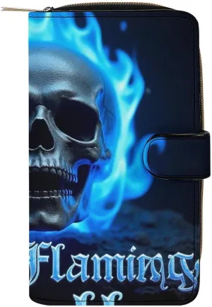 PU Leather Wallet for Travel, Multi-Functional Portable Wallets for Women Men, Novelty Blue Flaming Fire Skull Purse Wallet for Daily Use