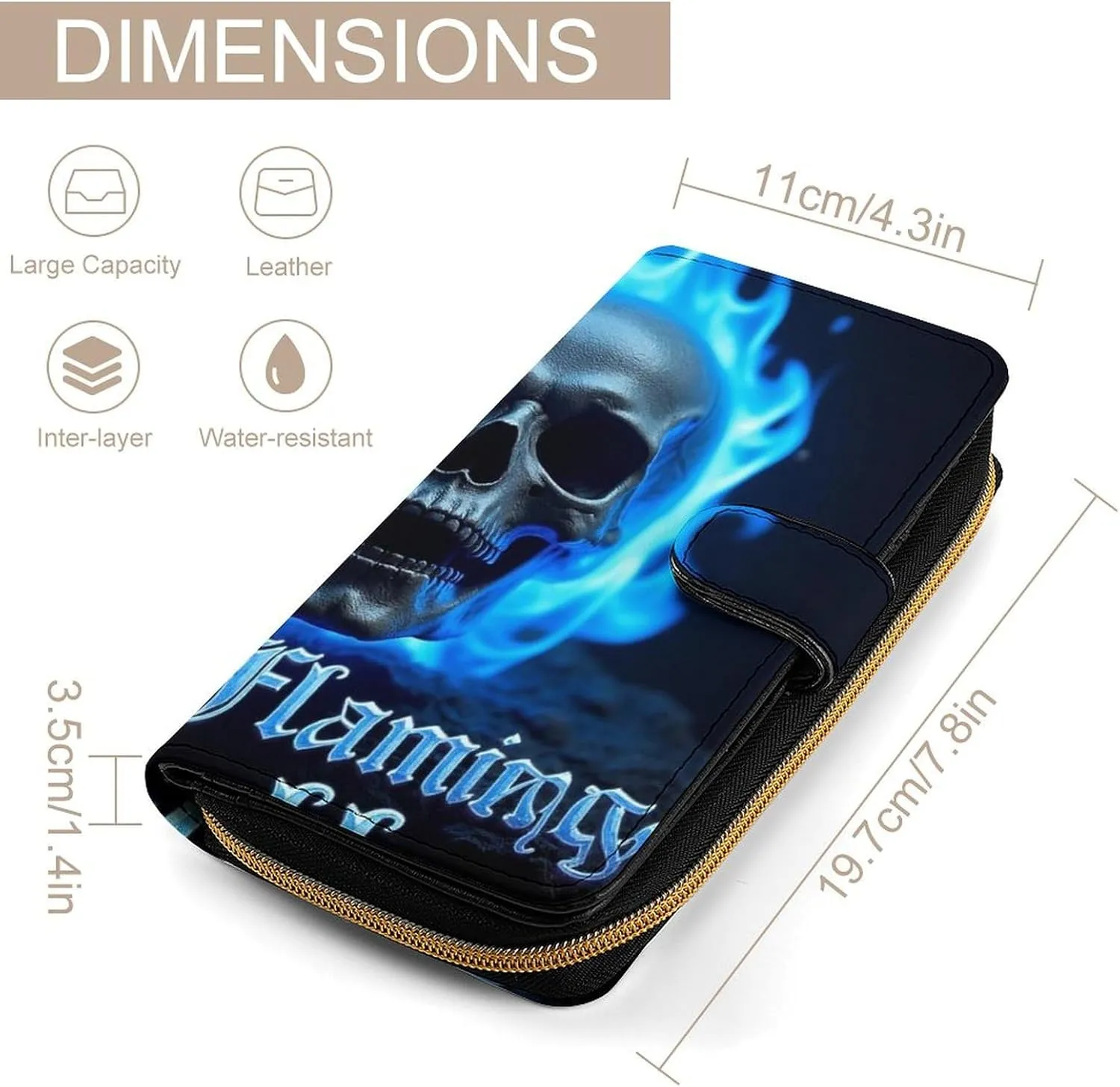 PU Leather Wallet for Travel, Multi-Functional Portable Wallets for Women Men, Novelty Blue Flaming Fire Skull Purse Wallet for Daily Use