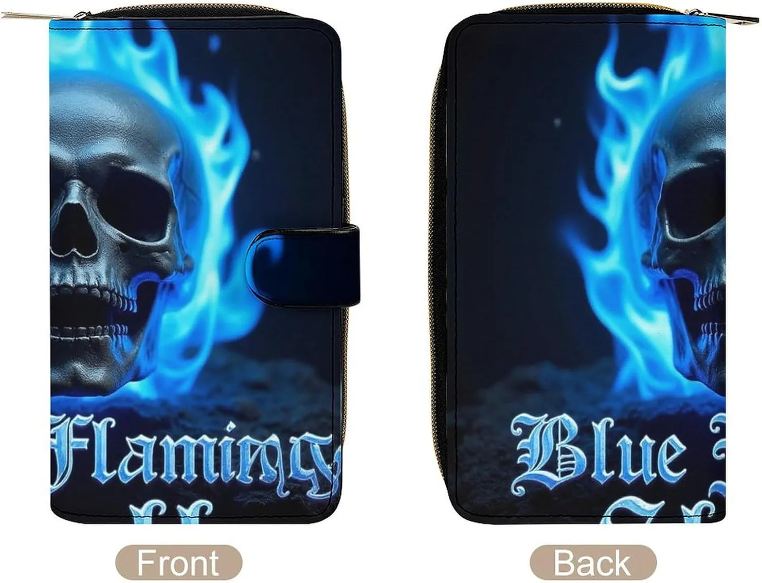 PU Leather Wallet for Travel, Multi-Functional Portable Wallets for Women Men, Novelty Blue Flaming Fire Skull Purse Wallet for Daily Use