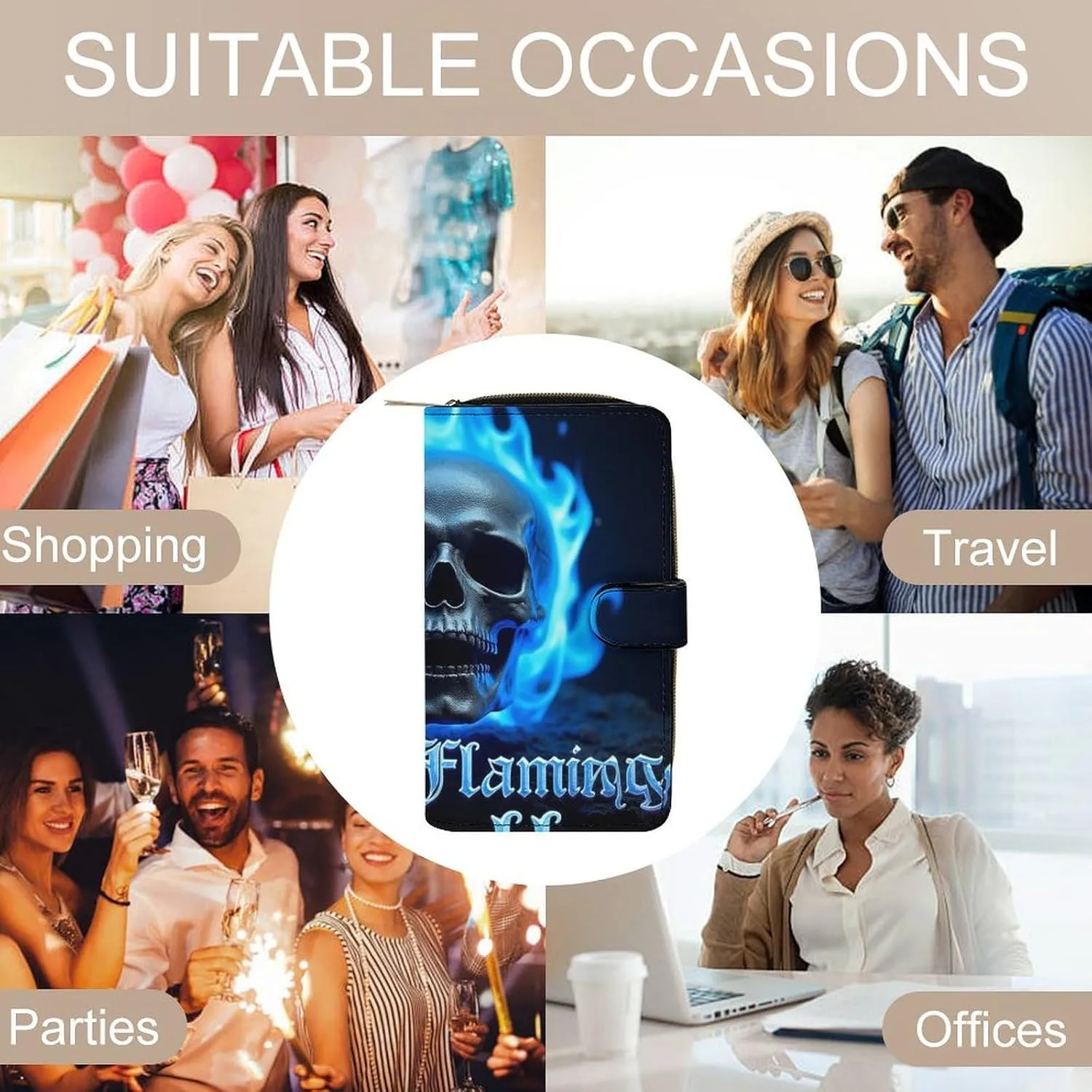 PU Leather Wallet for Travel, Multi-Functional Portable Wallets for Women Men, Novelty Blue Flaming Fire Skull Purse Wallet for Daily Use