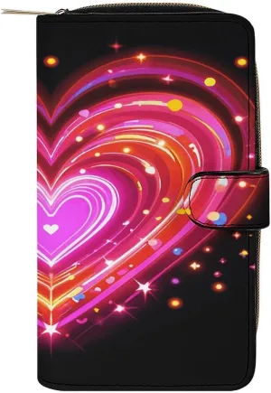 PU Leather Wallet Illuminated Heart Print Travel Purse Women's Long Bifold Wallet Ladies Card Holder Purse with Zipper & Snap Closure