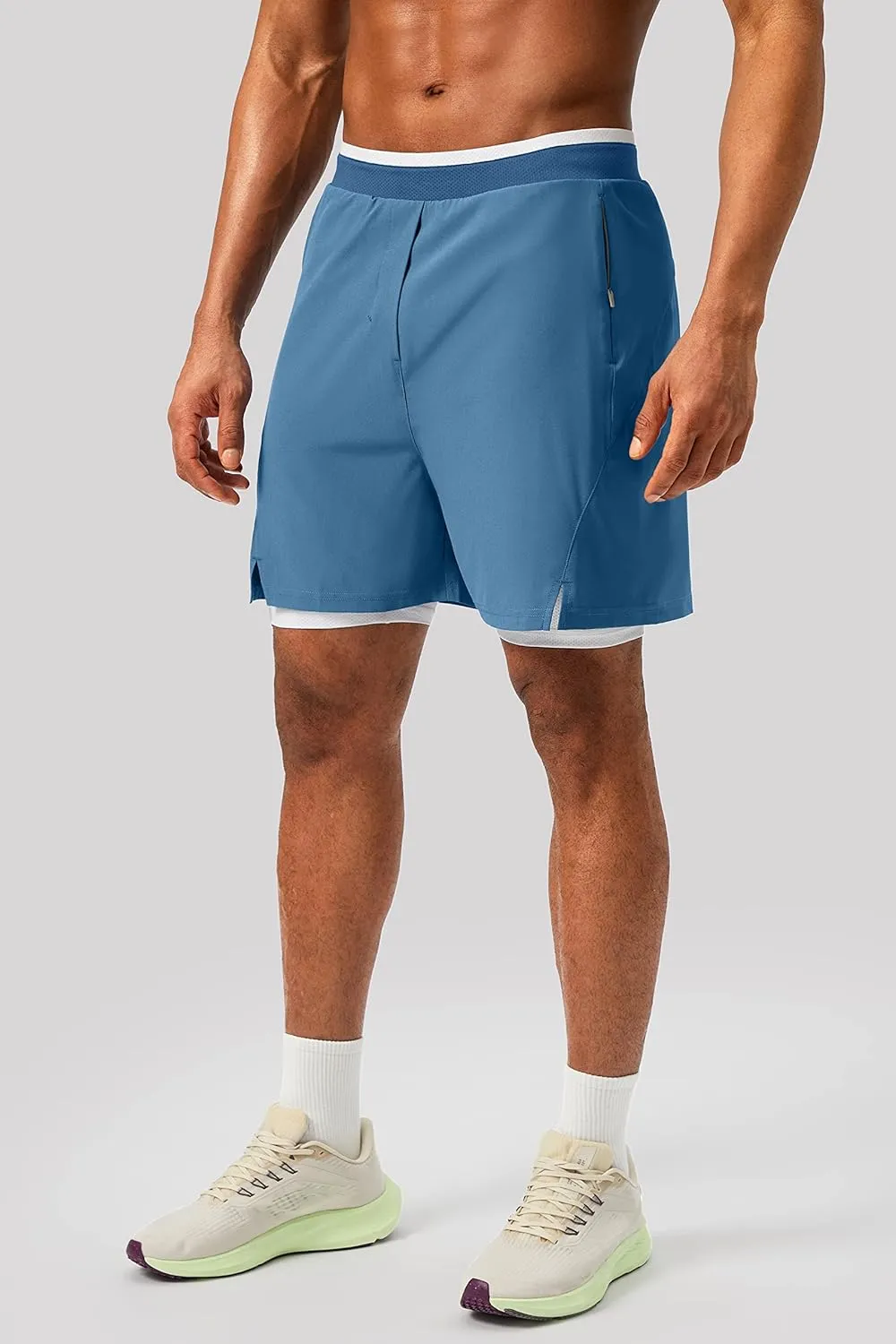 Pudolla Men's 2 in 1 Running Shorts 7" Lightweight Workout Athletic Gym Shorts for Men with Zipper Pockets
