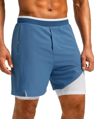 Pudolla Men's 2 in 1 Running Shorts 7" Lightweight Workout Athletic Gym Shorts for Men with Zipper Pockets