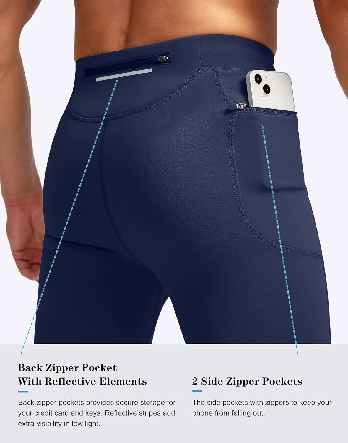 Pudolla Men's Thermal Running Tights with 3 Zipper Pockets Workout Compression Leggings Cycling Pants for Men Hiking Jogging