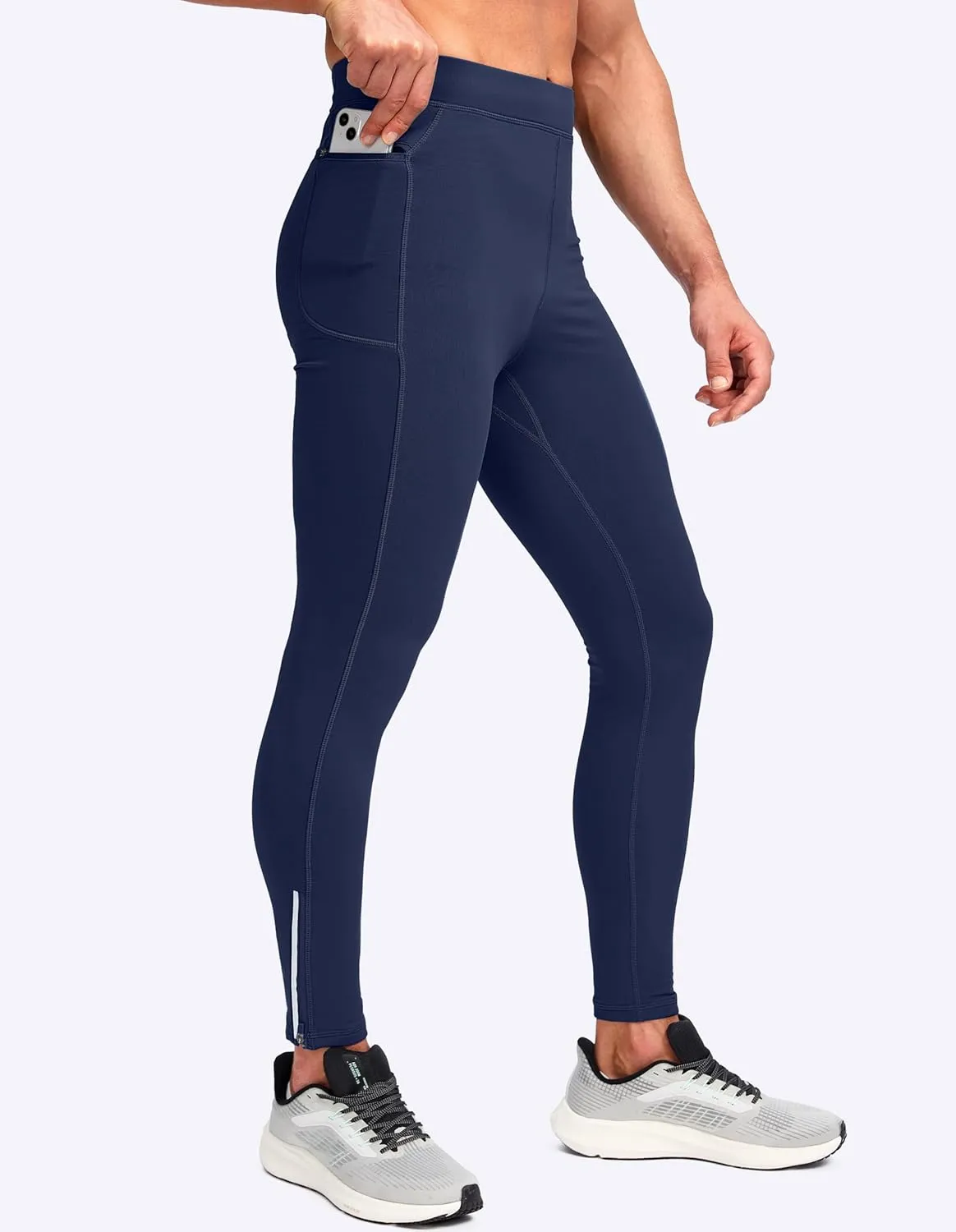 Pudolla Men's Thermal Running Tights with 3 Zipper Pockets Workout Compression Leggings Cycling Pants for Men Hiking Jogging