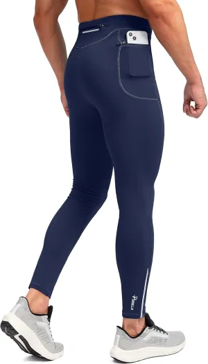 Pudolla Men's Thermal Running Tights with 3 Zipper Pockets Workout Compression Leggings Cycling Pants for Men Hiking Jogging