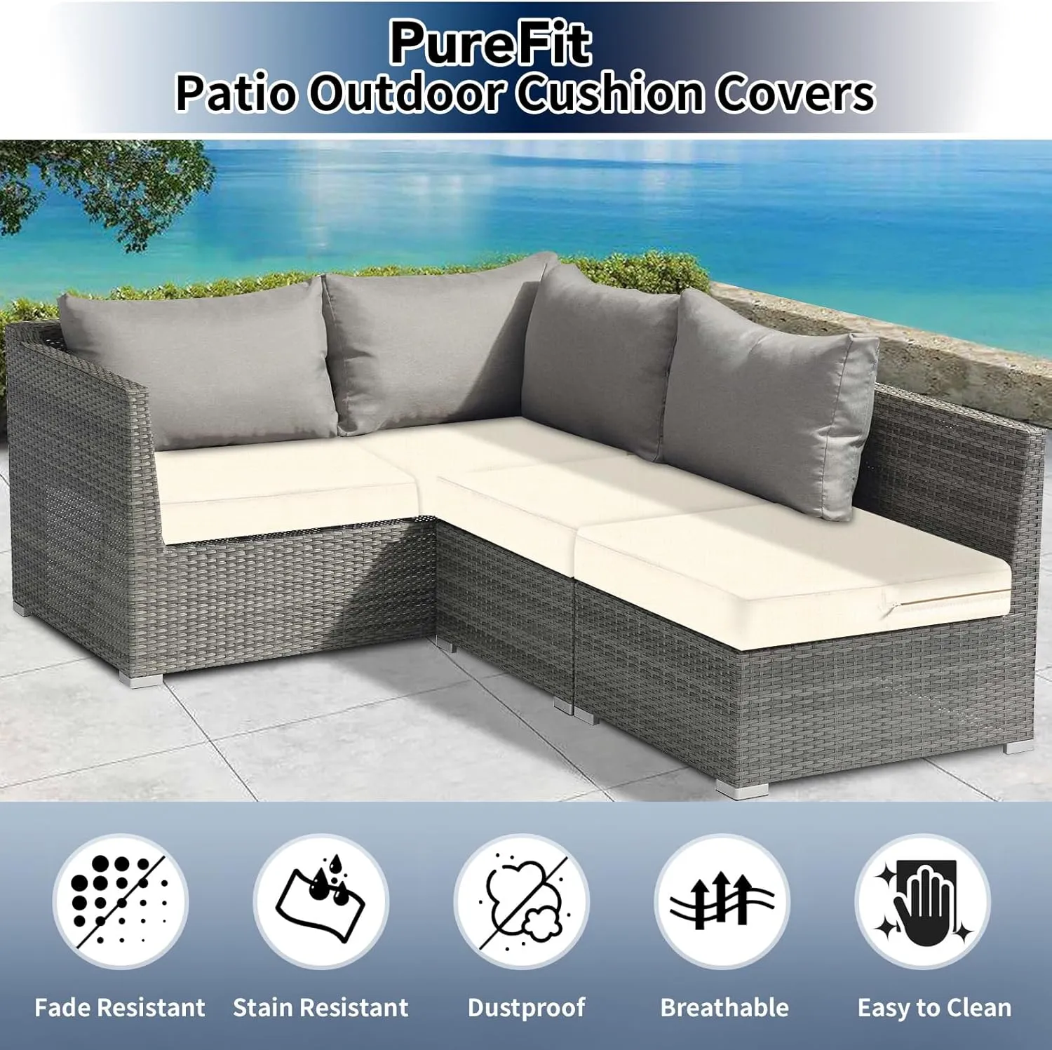 PureFit Waterproof Outdoor Cushion Covers Replacement for Patio Furniture Chair Seat Cushion Covers 24x24 inch for Outdoor Furniture Garden Backyard with Zipper, 4 Pack SLIPCOVERS ONLY, Cream