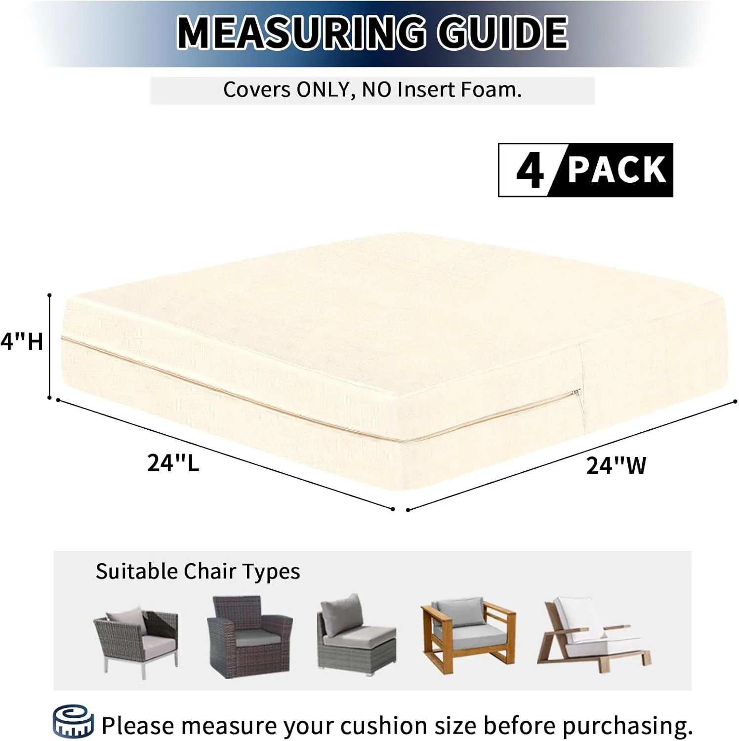 PureFit Waterproof Outdoor Cushion Covers Replacement for Patio Furniture Chair Seat Cushion Covers 24x24 inch for Outdoor Furniture Garden Backyard with Zipper, 4 Pack SLIPCOVERS ONLY, Cream