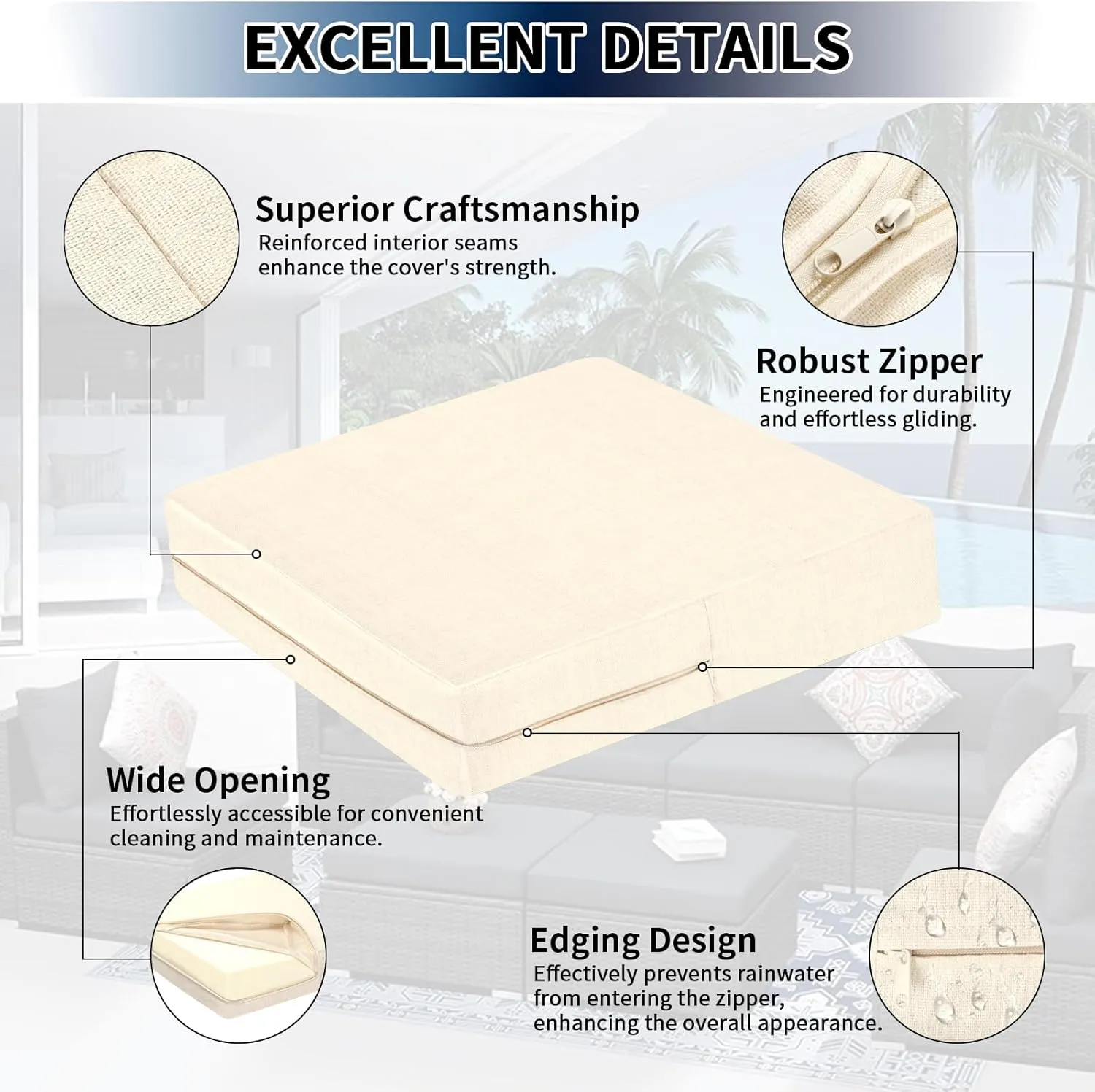 PureFit Waterproof Outdoor Cushion Covers Replacement for Patio Furniture Chair Seat Cushion Covers 24x24 inch for Outdoor Furniture Garden Backyard with Zipper, 4 Pack SLIPCOVERS ONLY, Cream