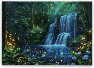 Puzzles for Adults Waterfall Enchanted Fantasy Forest Shimmering Fireflies Majestic Tranquil Lake Stream Neon Lights Fish Wooden Jigsaw Puzzle Gift Family Games Kids Children DIY Toys 500 Pieces