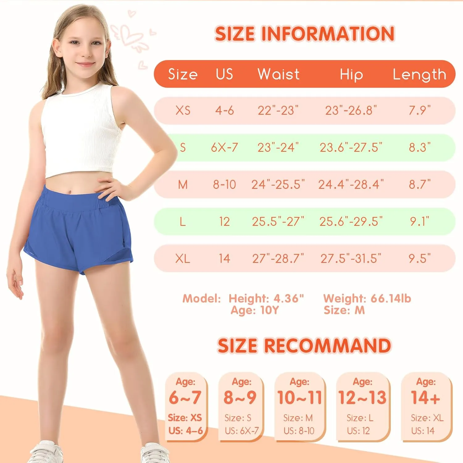 QooNoo Girls Athletic Shorts with Zipper Pocket Lightweight Elastic Waist Running Shorts for Teen Girls Kids Active Sports