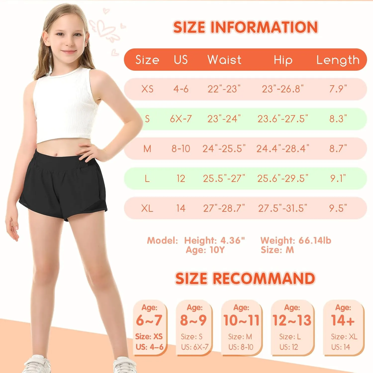 QooNoo Girls Athletic Shorts with Zipper Pocket Lightweight Elastic Waist Running Shorts for Teen Girls Kids Active Sports