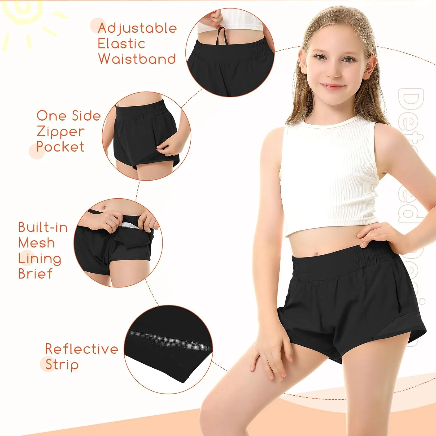 QooNoo Girls Athletic Shorts with Zipper Pocket Lightweight Elastic Waist Running Shorts for Teen Girls Kids Active Sports