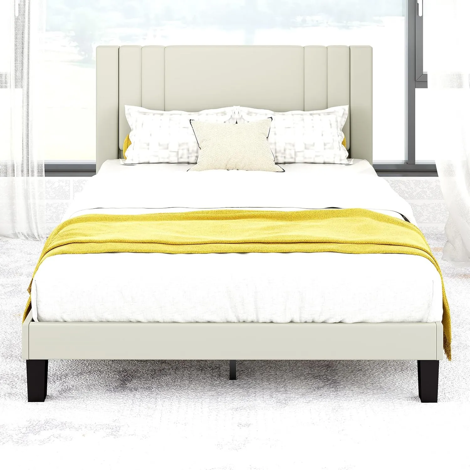 Queen Size Bed Frame, Velvet Upholstered Platform with Headboard, Beige(Beige, Queen (U.S. Standard))