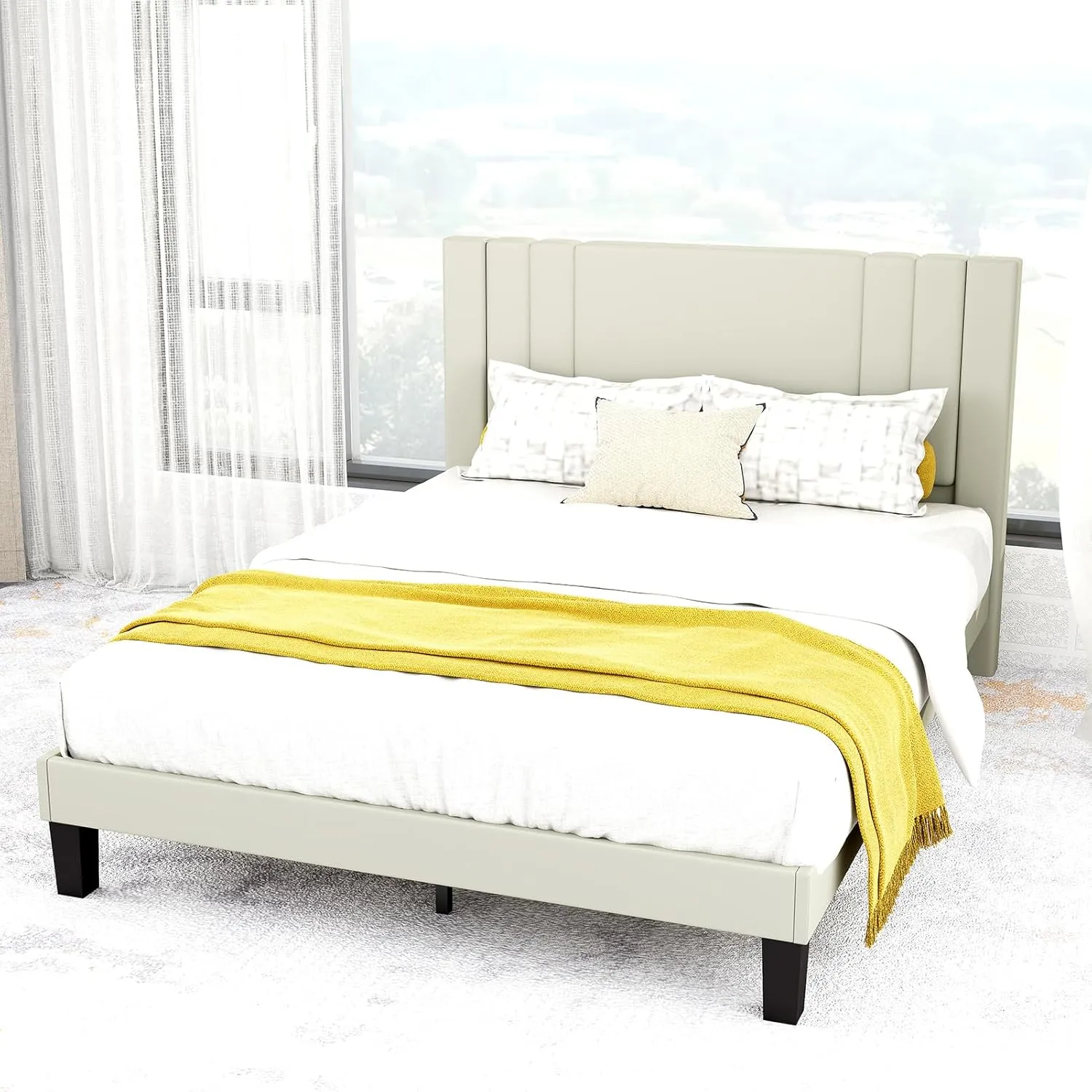 Queen Size Bed Frame, Velvet Upholstered Platform with Headboard, Beige(Beige, Queen (U.S. Standard))