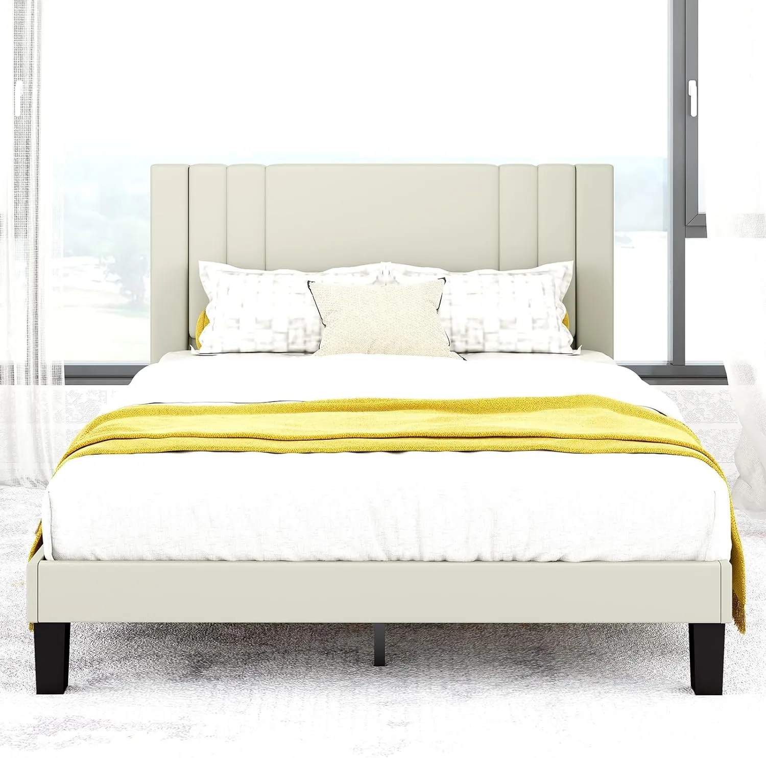 Queen Size Bed Frame, Velvet Upholstered Platform with Headboard, Beige(Beige, Queen (U.S. Standard))