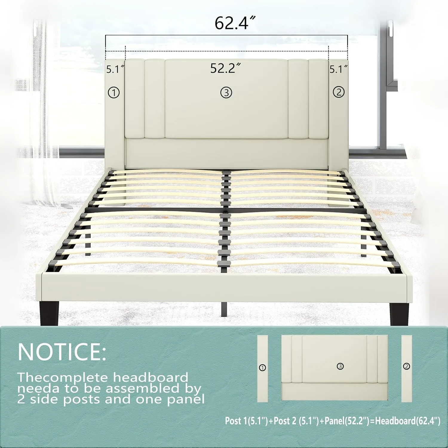 Queen Size Bed Frame, Velvet Upholstered Platform with Headboard, Beige(Beige, Queen (U.S. Standard))