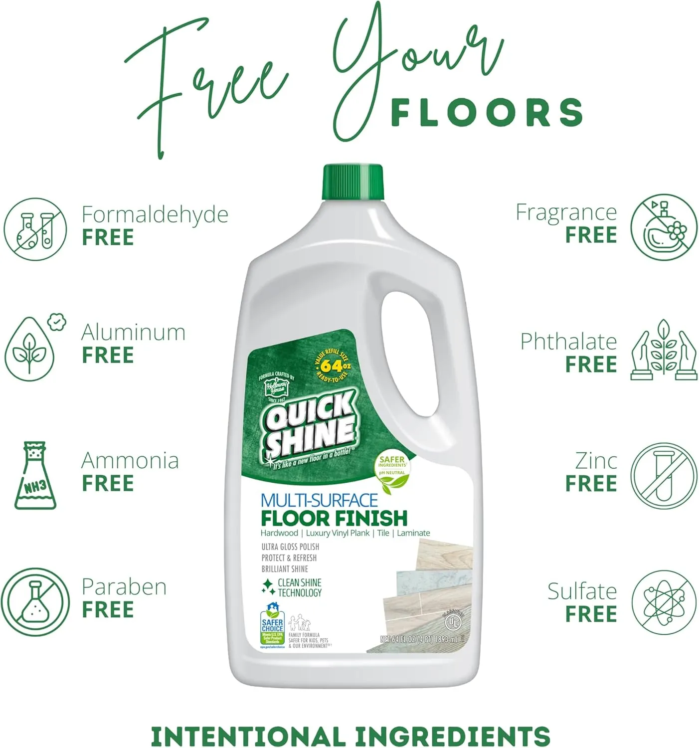 Quick Shine Multi Surface Floor Finish 64oz | Cleaner & Polish to use on Hardwood, Laminate, Luxury Vinyl Plank LVT, Tile & Stone | Safer Choice w/Clean Shine Technology | Shine-Protect-Refresh