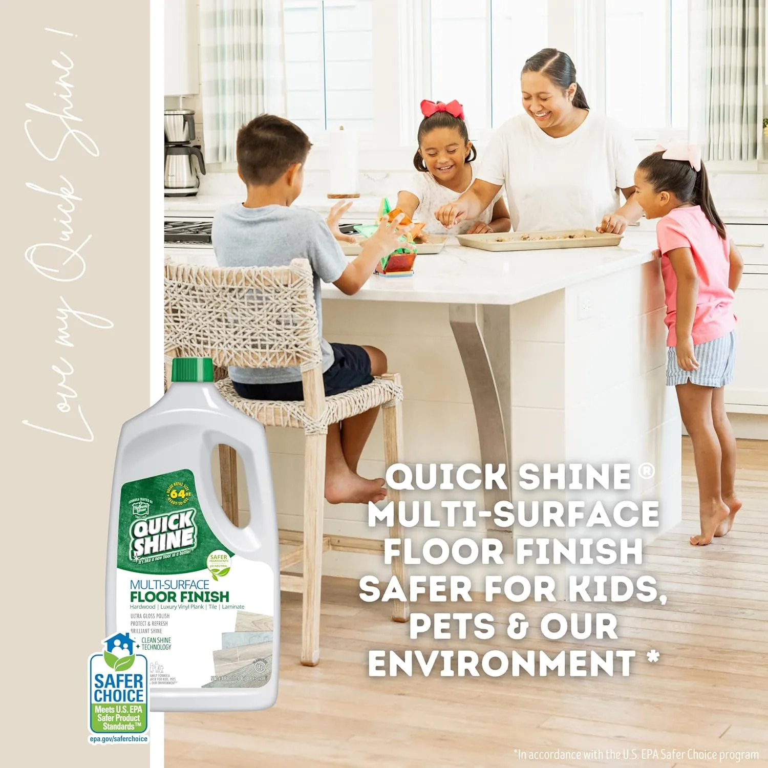 Quick Shine Multi Surface Floor Finish 64oz | Cleaner & Polish to use on Hardwood, Laminate, Luxury Vinyl Plank LVT, Tile & Stone | Safer Choice w/Clean Shine Technology | Shine-Protect-Refresh