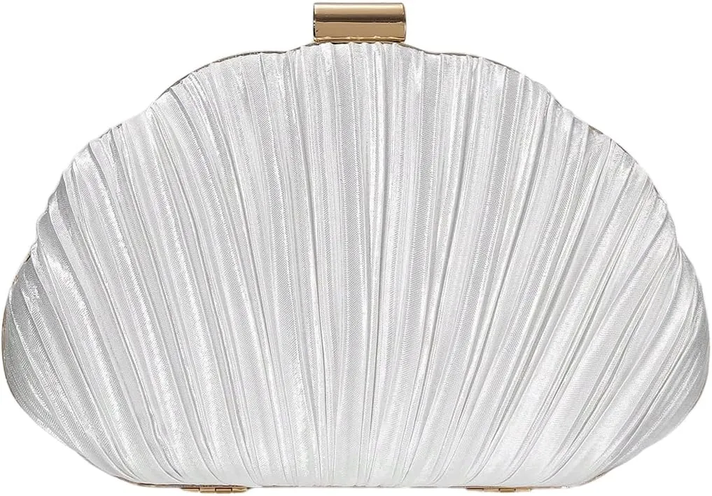 QWINEE Women's Shell Shaped Clutch Purse Ruched Mini Crossbody Bag Elegant Evening Handbag with Chain Strap