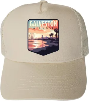 R and R Imports Galveston Texas Pleasure Pier Design Parent Row Cream Unisex Mesh Back Trucker Hat with Adjustable Snapback