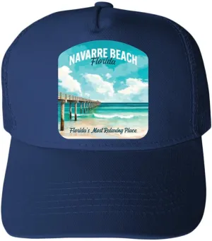 R and R Imports Navarre Beach Florida Pier Painting Design Navy Unisex Mesh Snapback Trucker Hat