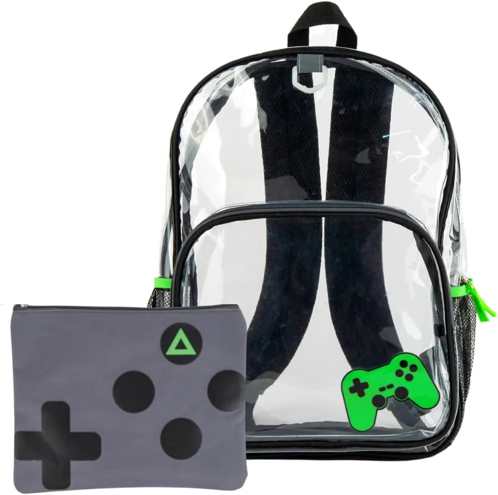 RALME Boys Clear Backpack for School, 16 inch Stadium Approved Transparent Bag with Matching Gaming Pencil Pouch, 3 Piece Set