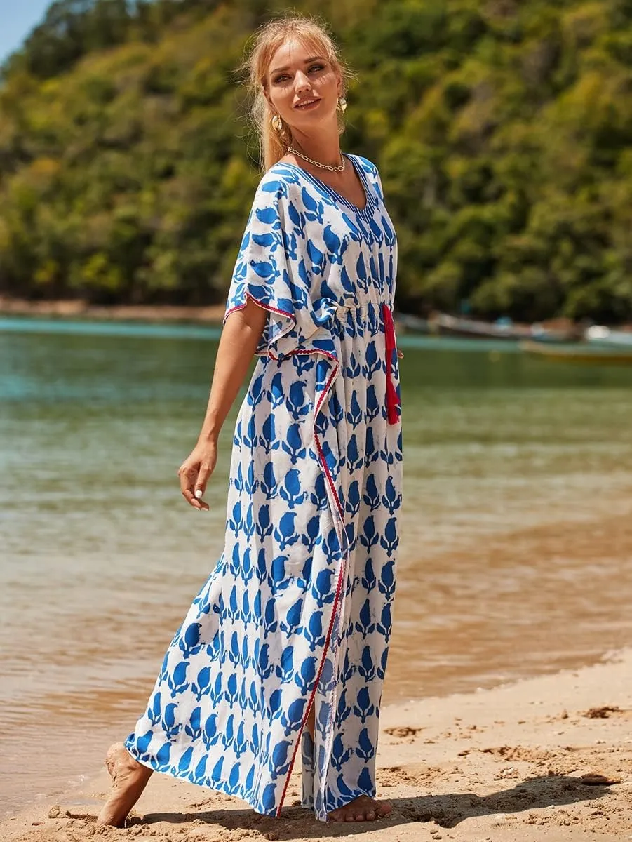 RanRui Kaftan Dresses for Women – Wave Neck Floral Plus Size Caftans Muumuu Dresses