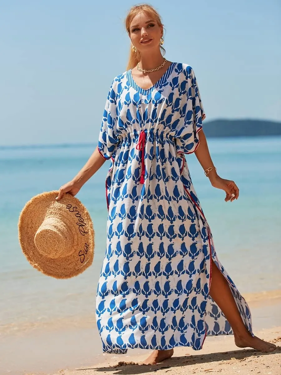 RanRui Kaftan Dresses for Women – Wave Neck Floral Plus Size Caftans Muumuu Dresses