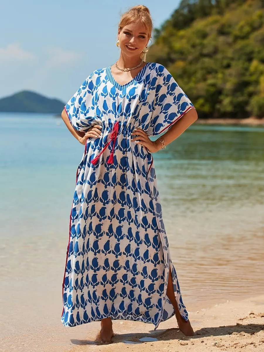 RanRui Kaftan Dresses for Women – Wave Neck Floral Plus Size Caftans Muumuu Dresses