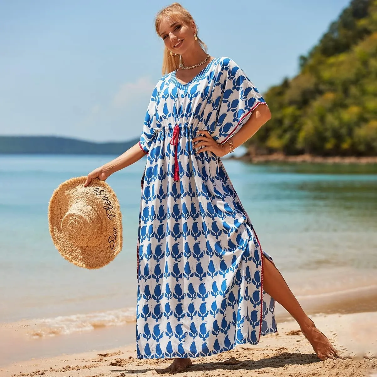 RanRui Kaftan Dresses for Women – Wave Neck Floral Plus Size Caftans Muumuu Dresses