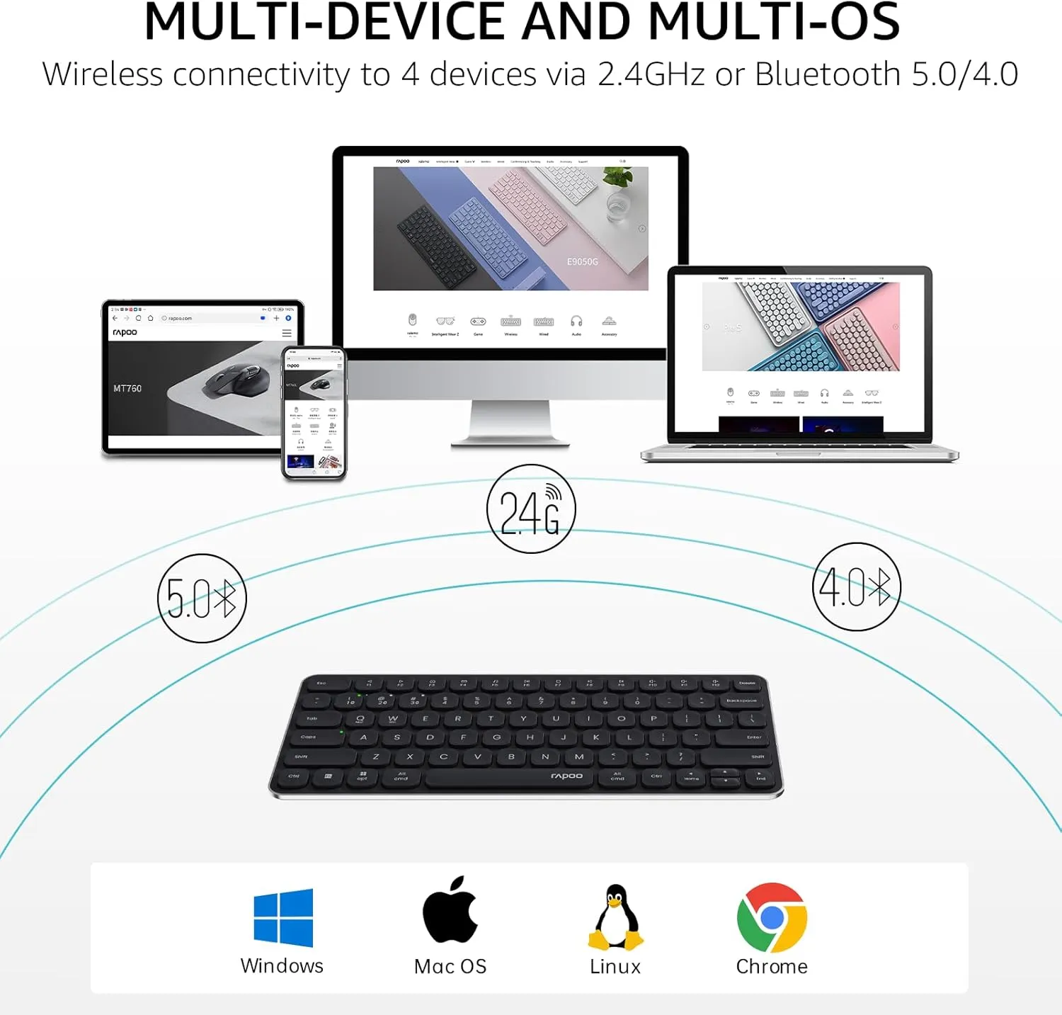 Rapoo E9050L Multi-Device Wireless Keyboard, Blade-Series E9050L 78-Key Ultra-Thin Keyboard, Support 4 Devices, Low-Profile, Quiet, USB-C, Rechargeable, Al-Alloy Frame, for Windows/Mac/Linux/Chrome