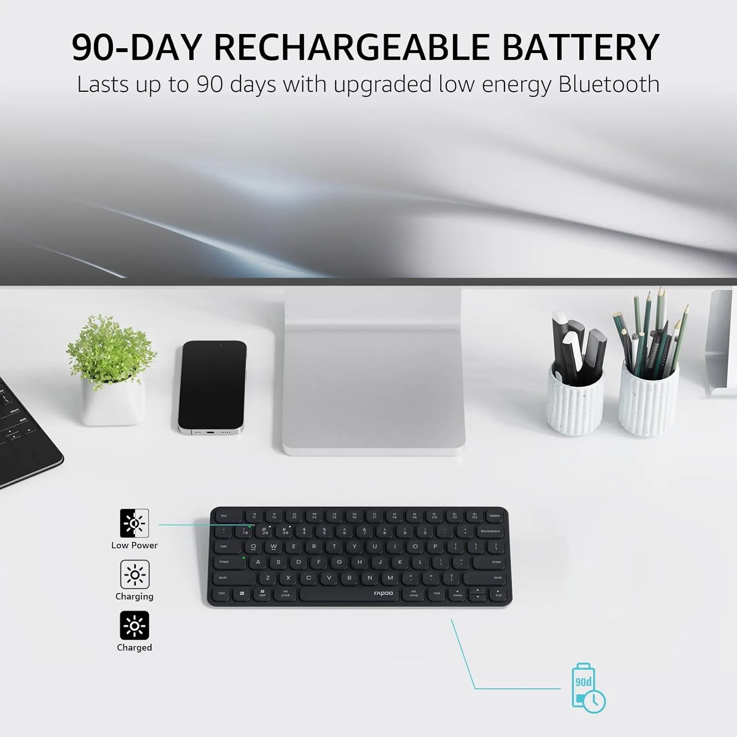 Rapoo E9050L Multi-Device Wireless Keyboard, Blade-Series E9050L 78-Key Ultra-Thin Keyboard, Support 4 Devices, Low-Profile, Quiet, USB-C, Rechargeable, Al-Alloy Frame, for Windows/Mac/Linux/Chrome