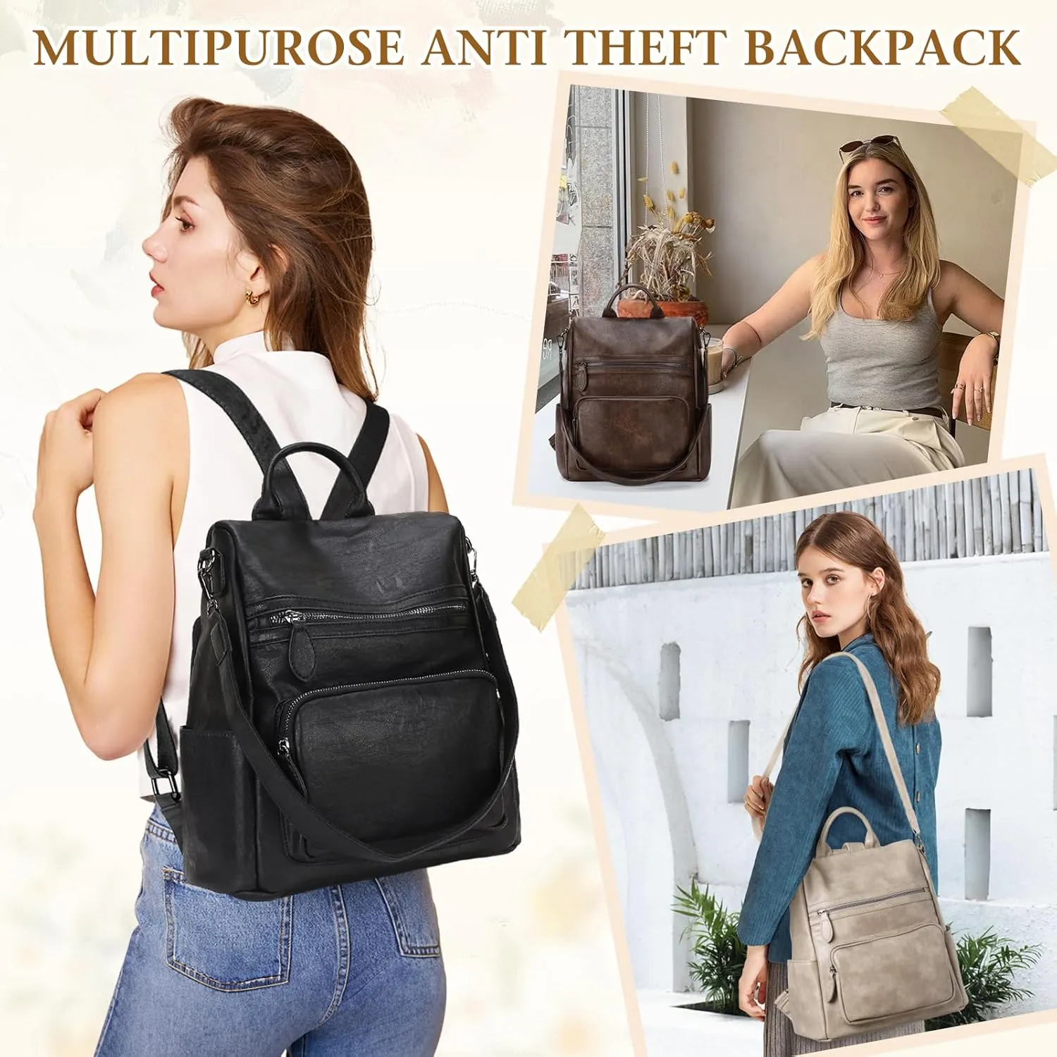 RAVUO Anti Theft Backpack Purse for Women, PU Leather Designer Convertible Shoulder Bag Three Ways to Carry