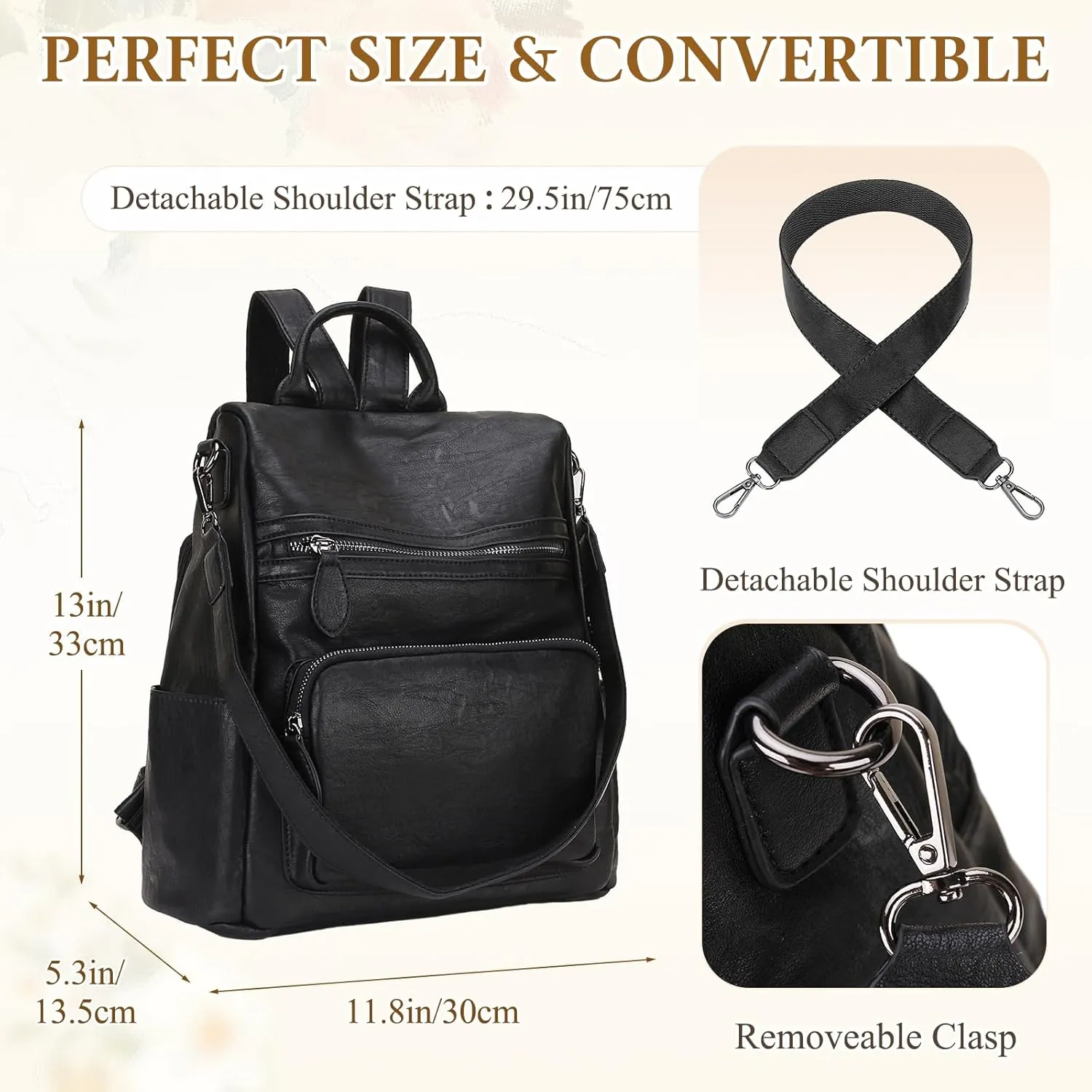 RAVUO Anti Theft Backpack Purse for Women, PU Leather Designer Convertible Shoulder Bag Three Ways to Carry