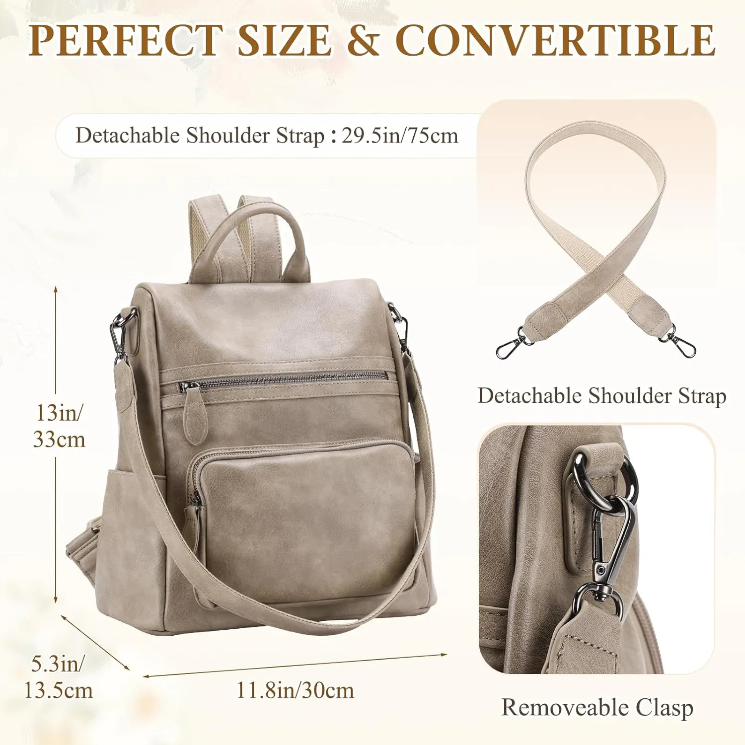RAVUO Anti Theft Backpack Purse for Women, PU Leather Designer Convertible Shoulder Bag Three Ways to Carry
