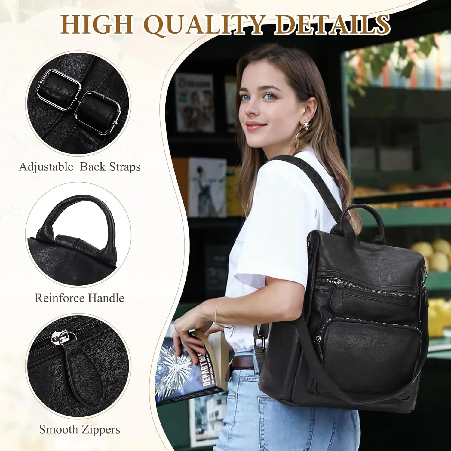 RAVUO Anti Theft Backpack Purse for Women, PU Leather Designer Convertible Shoulder Bag Three Ways to Carry