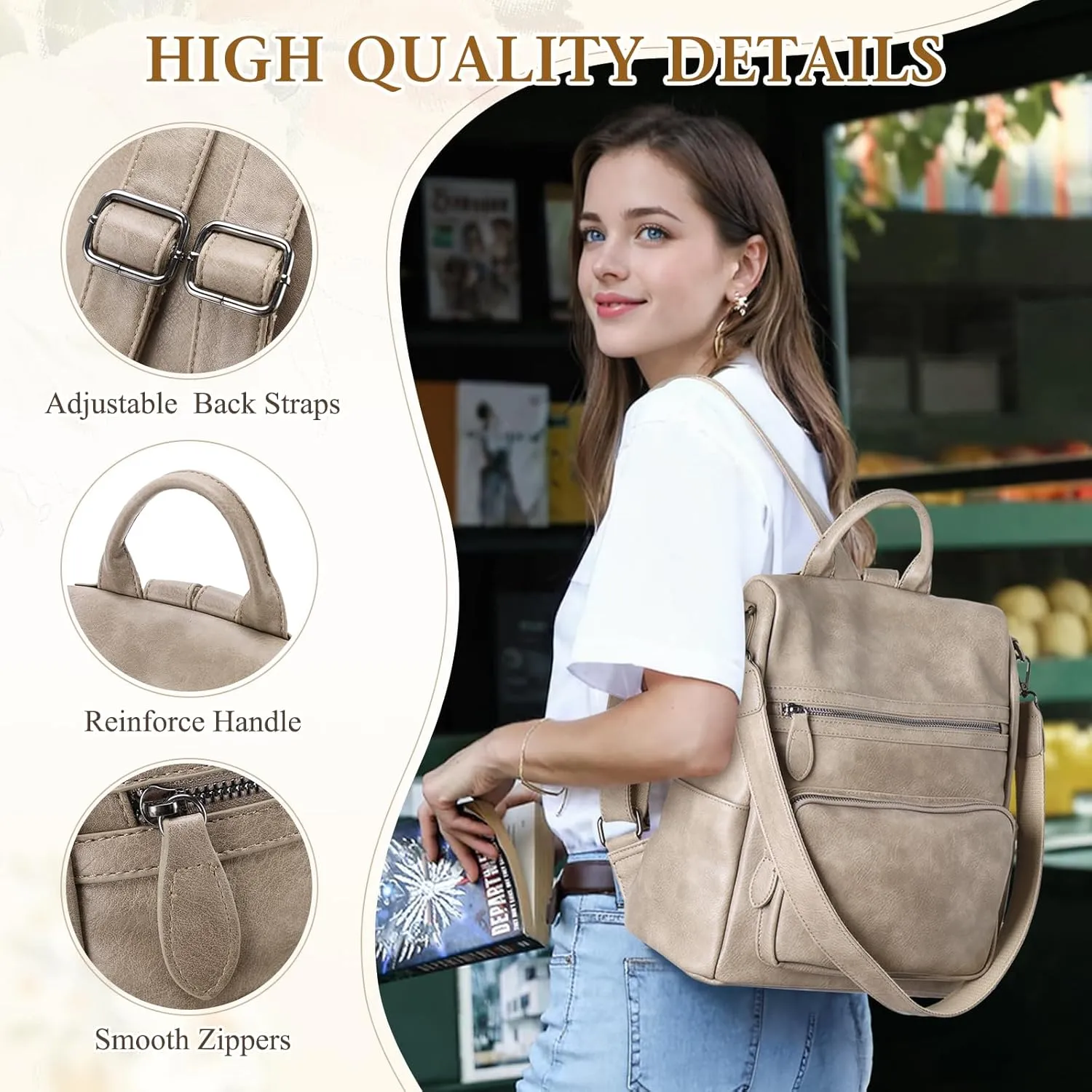 RAVUO Anti Theft Backpack Purse for Women, PU Leather Designer Convertible Shoulder Bag Three Ways to Carry