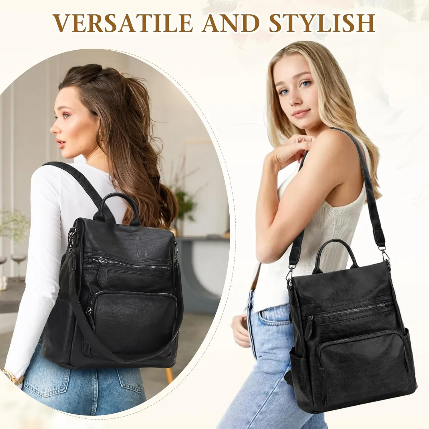 RAVUO Anti Theft Backpack Purse for Women, PU Leather Designer Convertible Shoulder Bag Three Ways to Carry