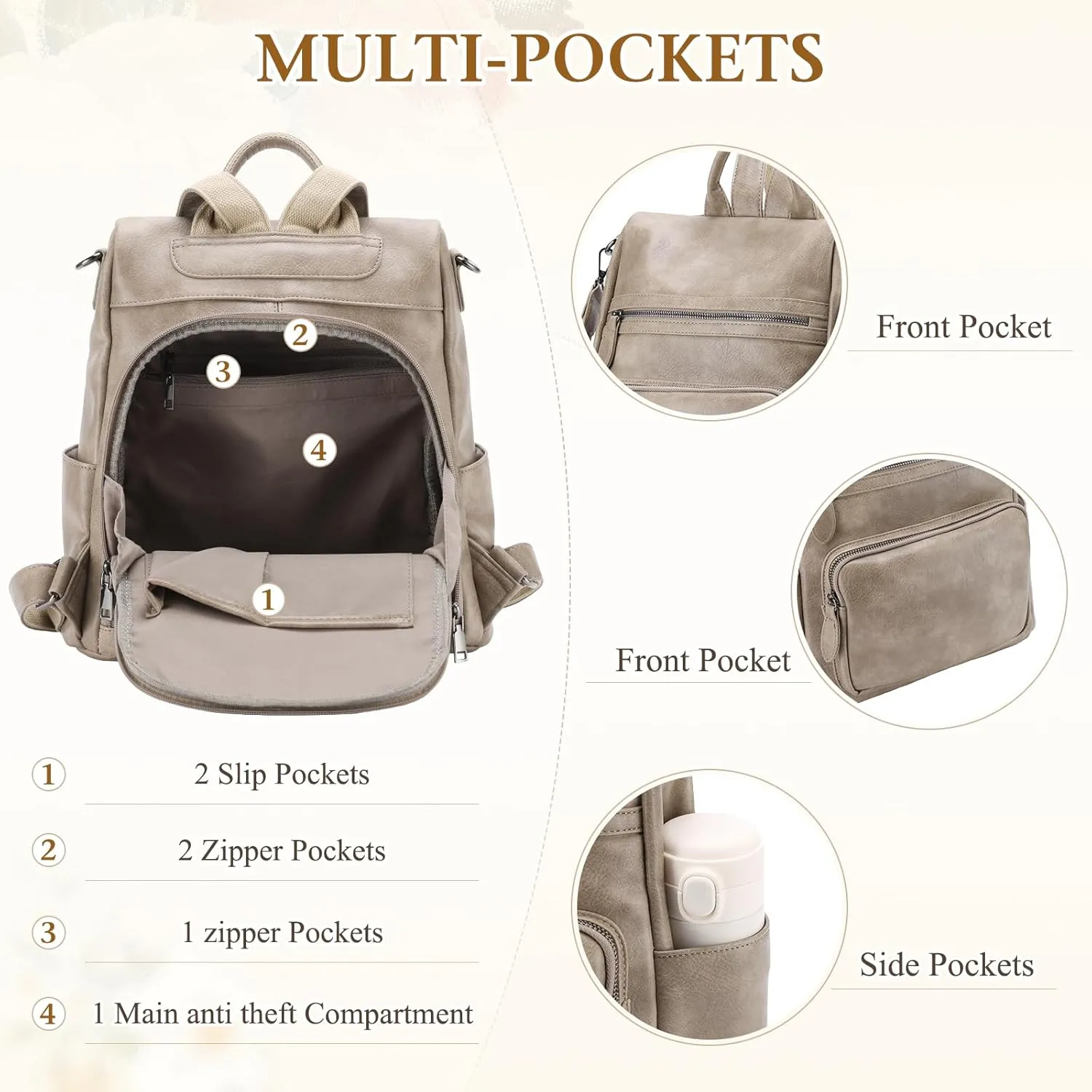 RAVUO Anti Theft Backpack Purse for Women, PU Leather Designer Convertible Shoulder Bag Three Ways to Carry