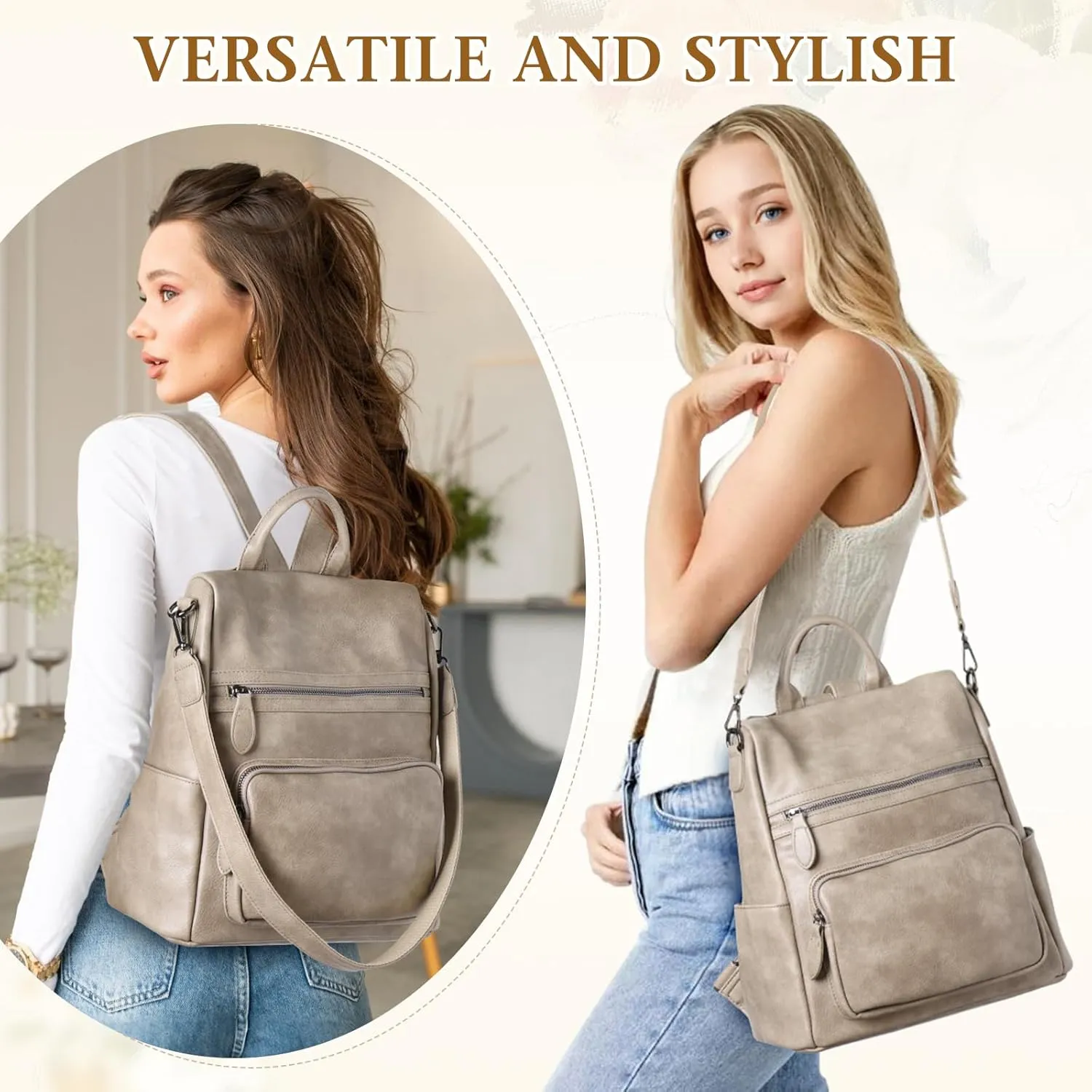 RAVUO Anti Theft Backpack Purse for Women, PU Leather Designer Convertible Shoulder Bag Three Ways to Carry