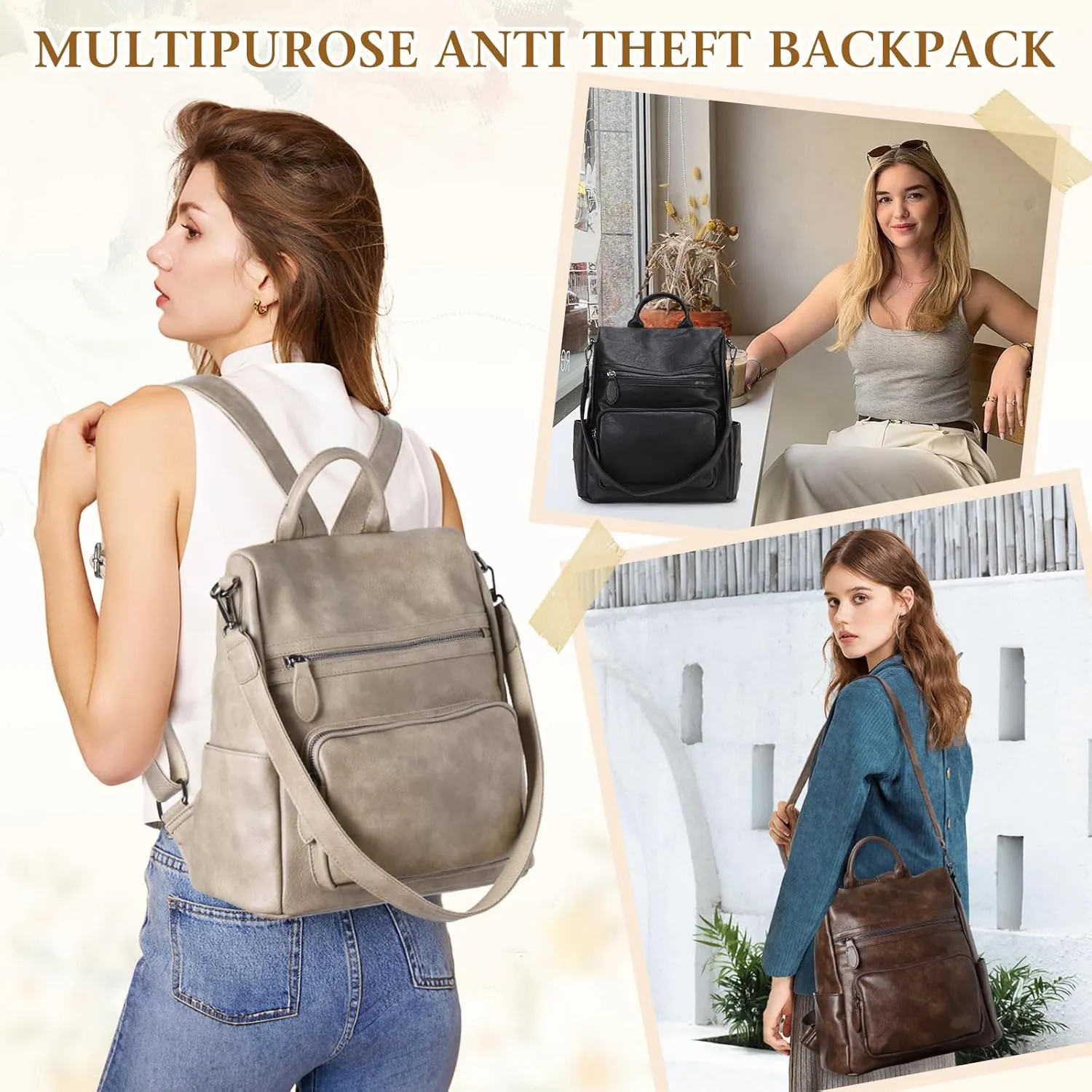 RAVUO Anti Theft Backpack Purse for Women, PU Leather Designer Convertible Shoulder Bag Three Ways to Carry